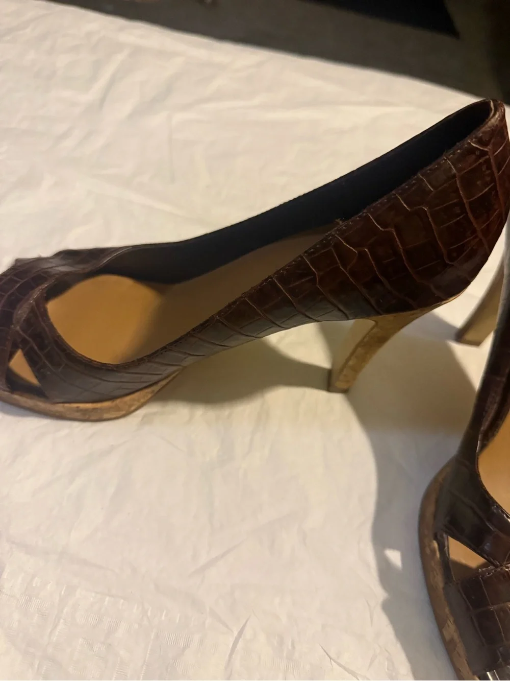 FIONI Clothing Dark Brown Croc-Embossed Peep Toe Pumps